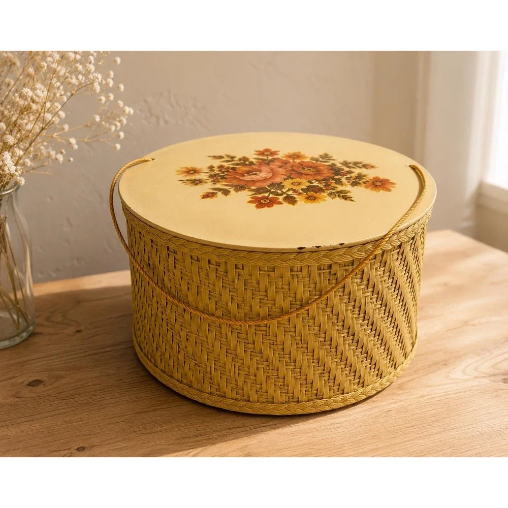 VTG Harvey Round Sewing Basket W/ VTG Thread Yellow Floral Lid Wicker MidCentury